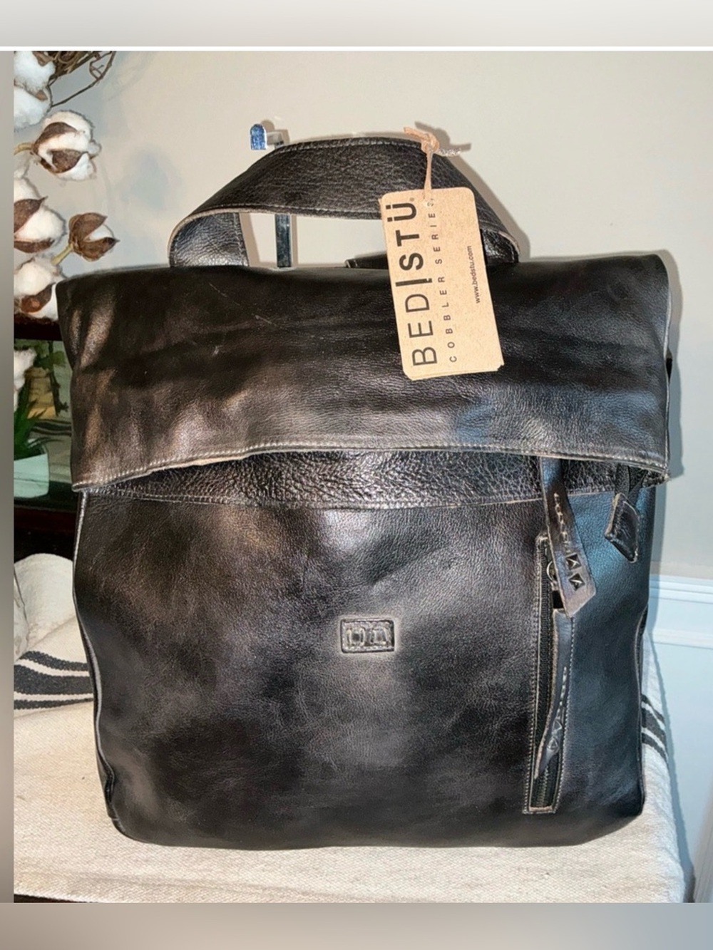 NWT Bed Stu Leather Howie Flapover Leather Backpack Black Rustic Retail $365